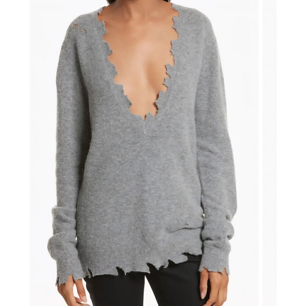 IRO Jeans Sweater Women's Medium Grey Brody Distressed V Neck Oversized Alpaca
